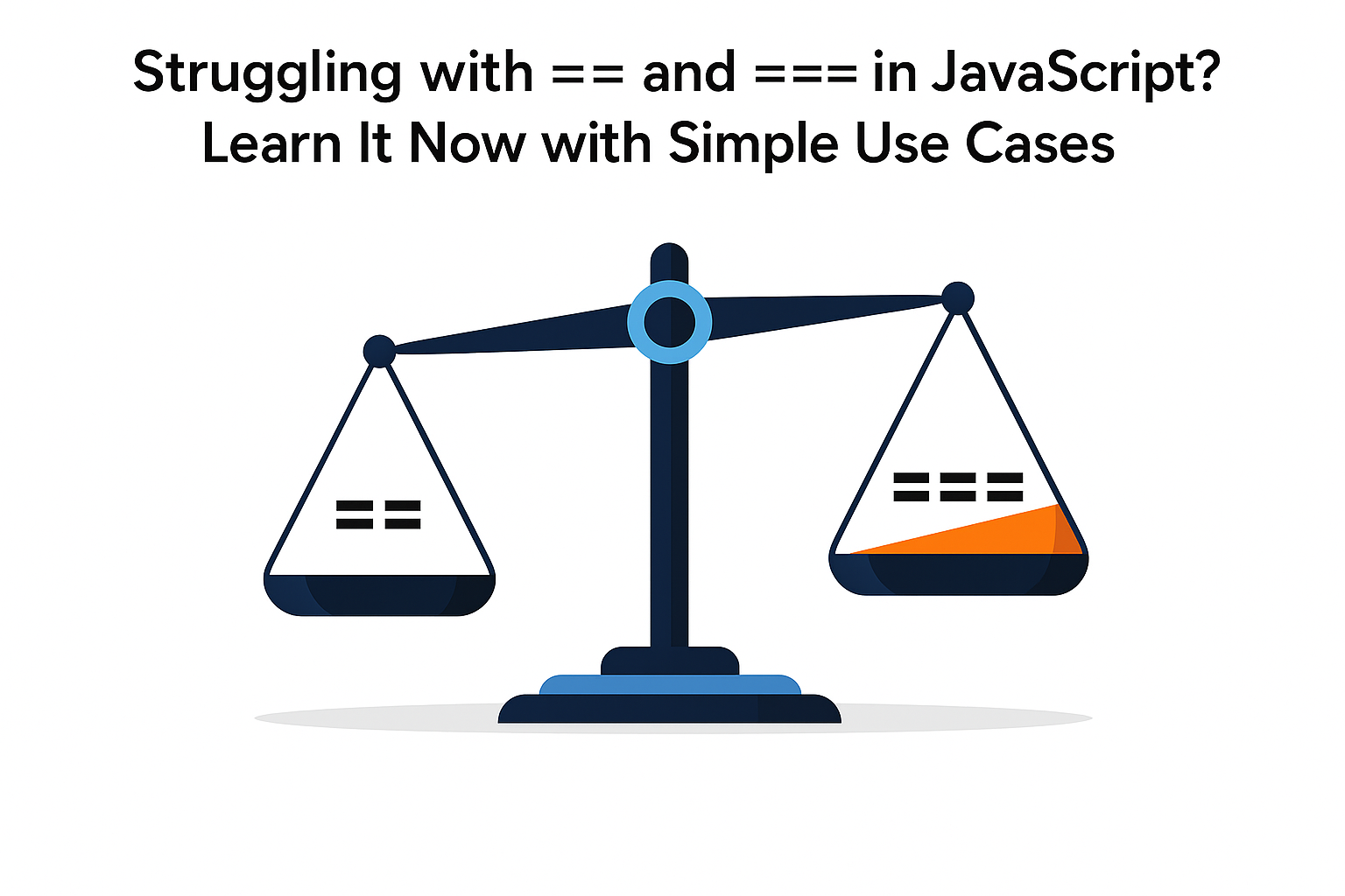 Illustration of a balance scale comparing JavaScript equality operators == and ===, with a bold heading that reads 'Struggling with == and === in JavaScript? Learn It Now with Simple Use Cases