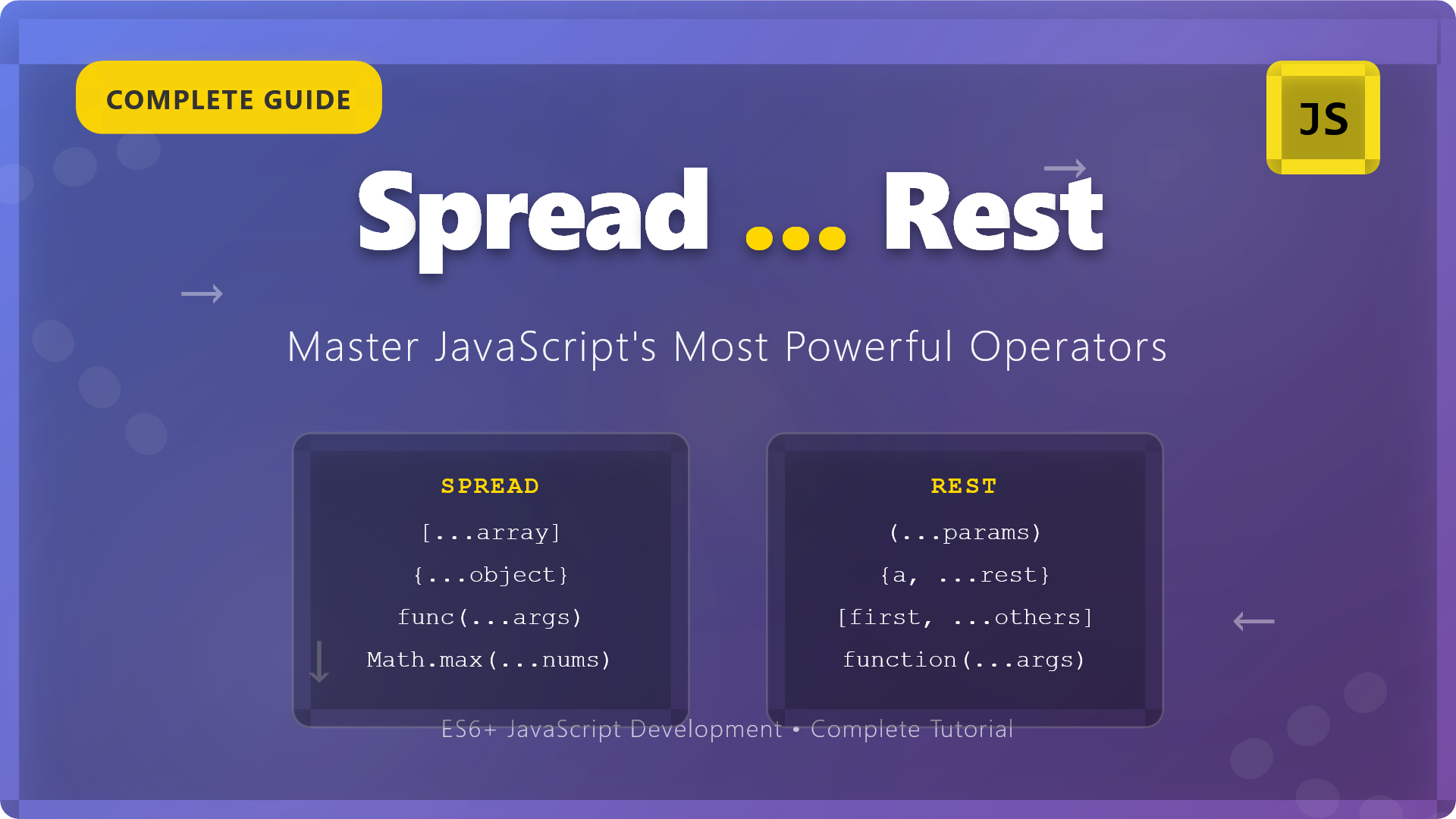 JavaScript spread and rest operators complete guide with large code examples showing array object destructuring ES6 syntax